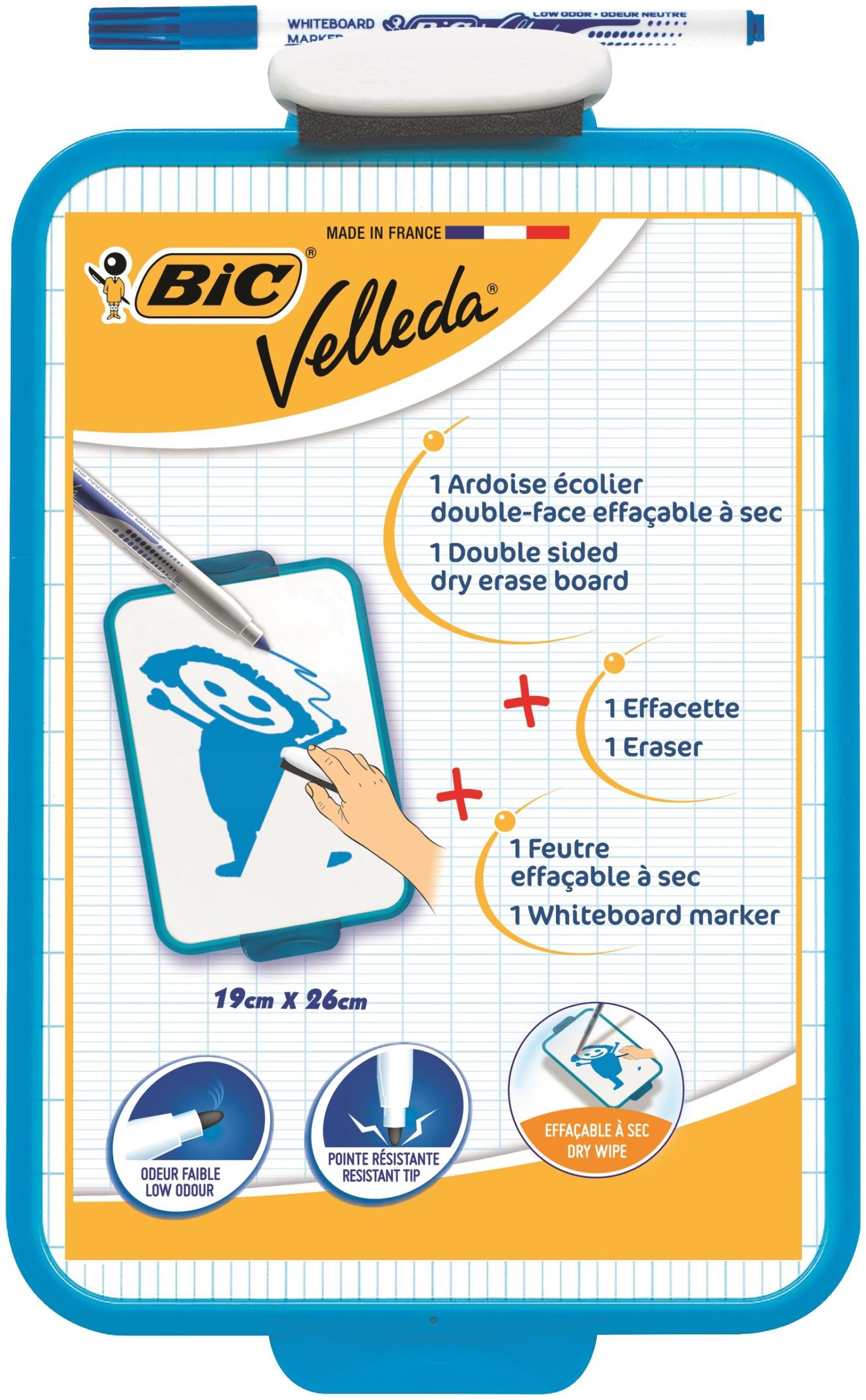 Ardoise scolaire Bic Velleda deux surfaces blanches et milimétriques + 1  marqueur Velleda bleu + 1 gomme – Dimensions : 26×19 cm – ECI-Solutions